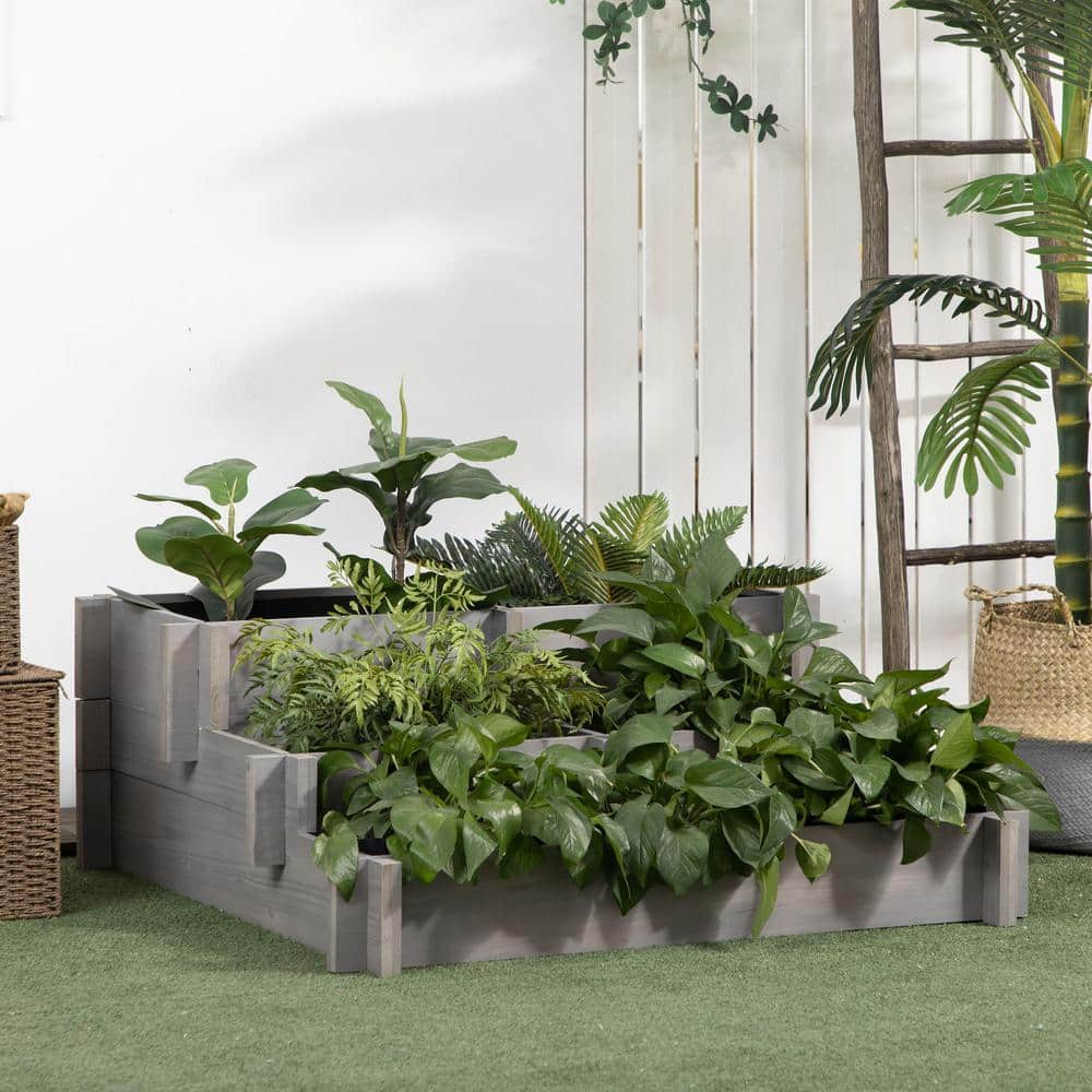 Gray 3-Tier Raised Garden Bed for Outdoor Plants