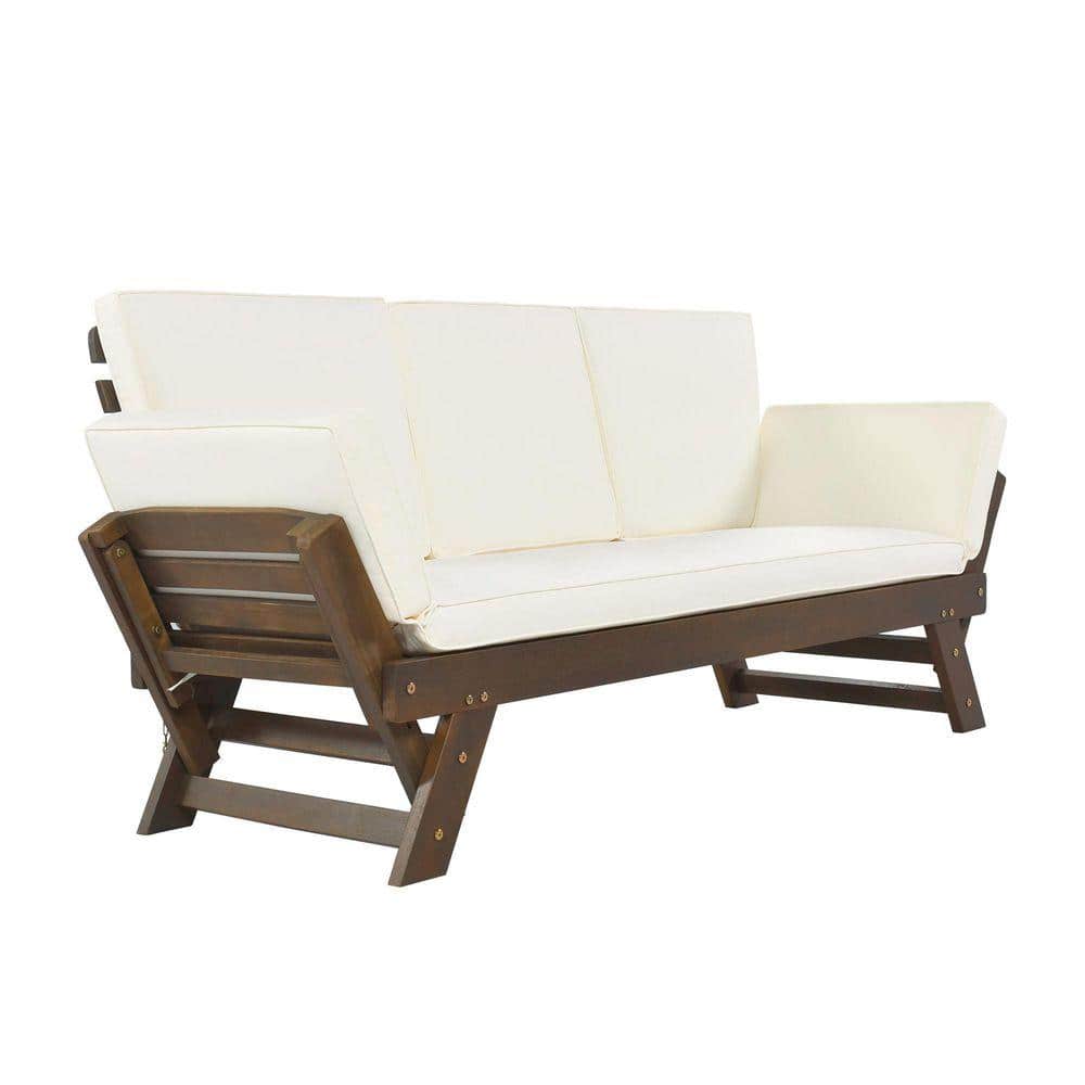 Brown Wood Outdoor Patio Sofa Chaise Lounge with Beige Cushions