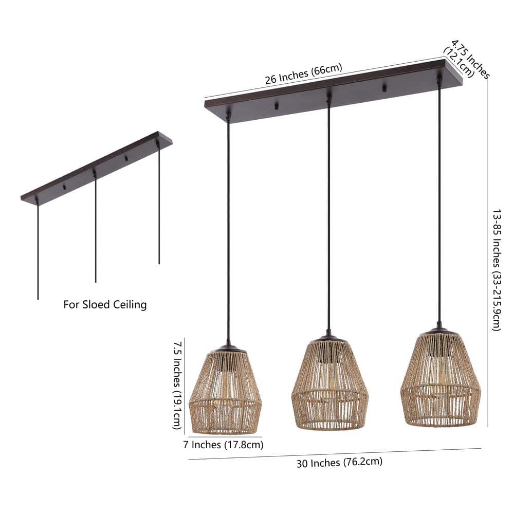 Ibiza Island 30" 3-Light Seagrass and Metal Pendant
