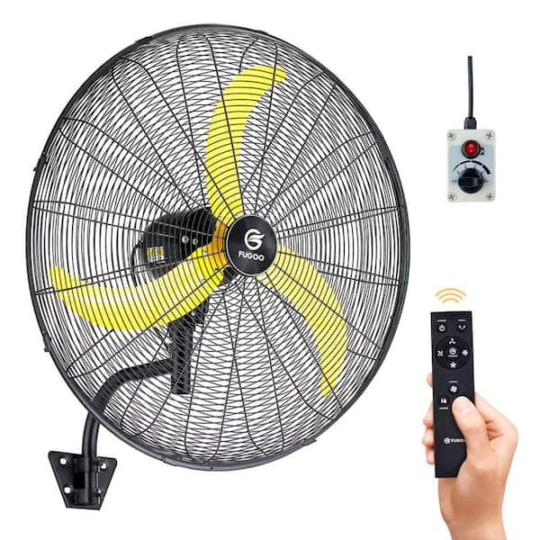 30 in. Oscillating Wall Mounted Fan in Black with Yellow Blades, All Sealed Brushless DC Motor, Waterproof, Remote