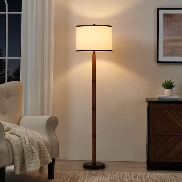 63 in. Faux Wood Bronze and Brown Standard Floor Lamp with White Linen Shade, 3-Way Rotary Switch