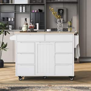 White Rubber Wood 53 in. Kitchen Island with 8 Handle-Free-Drawers Including a Flatware Organizer