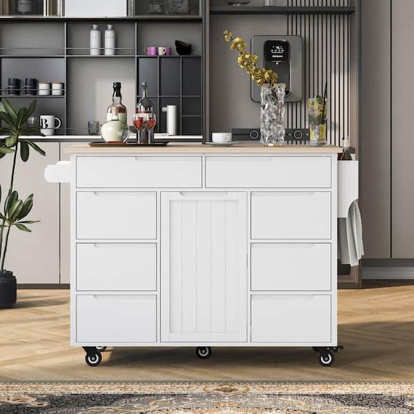 OLUMAT White Rubber Wood 53 in. Kitchen Island with 8 Handle-Free-Drawers Including a Flatware Organizer