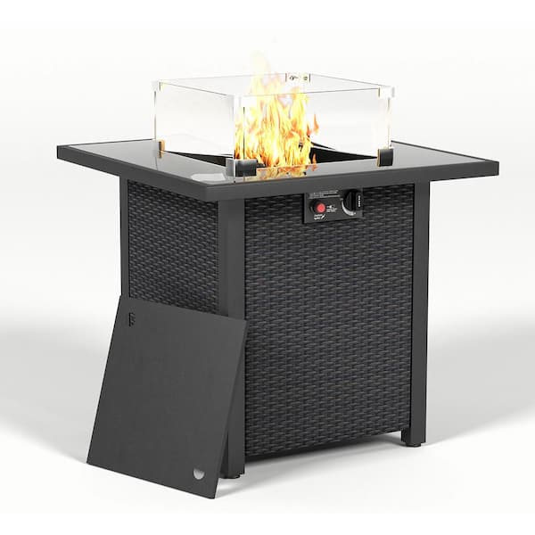 TANKY TRADING INC 28 in. Propane Fire Pit Table, Rattan and Wicker,50000 BTU, Tempered with Glass Windscreen, Dark Gray