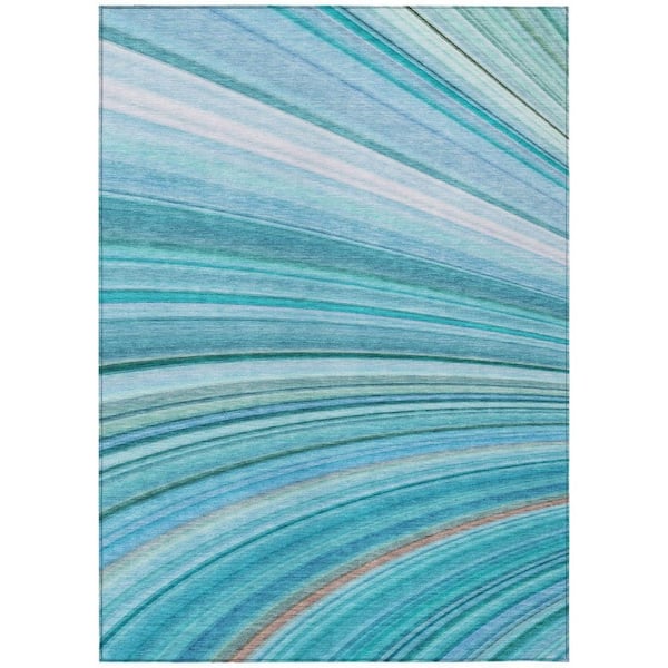 Teal Blue, Aqua, Blue 5 ft. x 8 ft. Woven Abstract Polyester Rectangle Indoor / Outdoor Area Rug