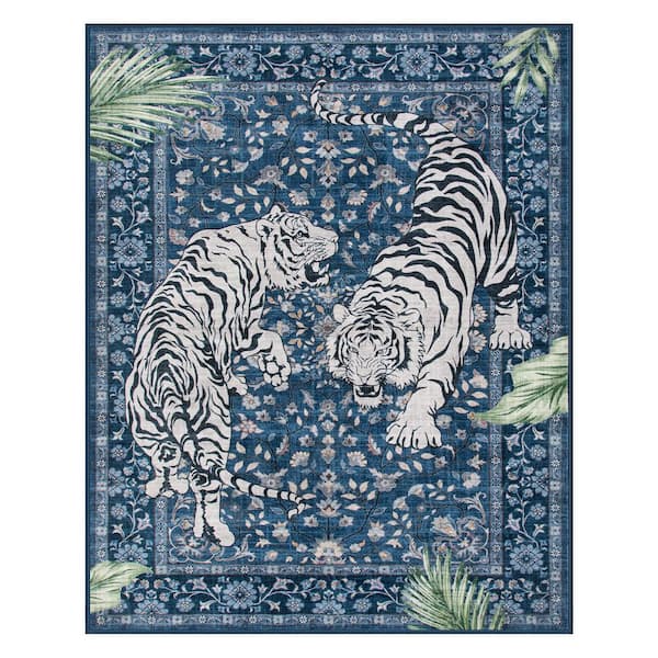 8 ft. x 10 ft. Blue Vintage Tiger Washable Non Slip Soft Living Room Bedroom Area Rug
