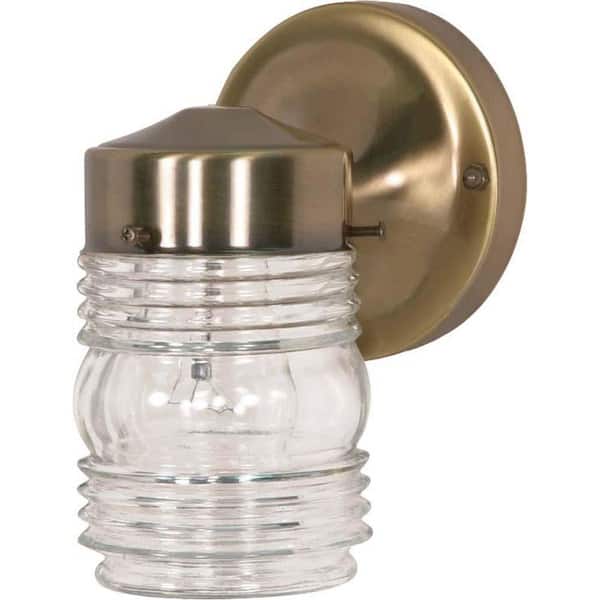 SATCO Nuvo Antque Brass Outdoor Hardwired Mason Jar Sconce with No Bulbs Included