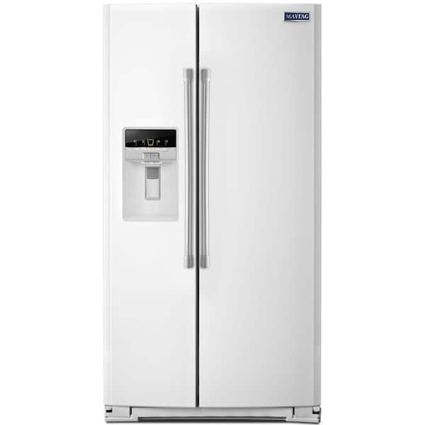 Maytag 25.6 cu. ft. Side by Side Refrigerator in White with Stainless Steel Handles