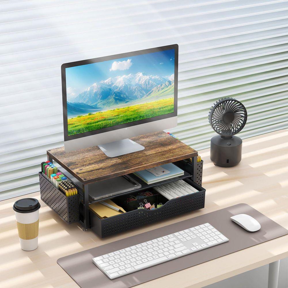 14.1 x 5.9 in. Brown Wood Alloy Steel Desktop Organizer and with Drawer and 2 Pen Holders, Decorative Stand