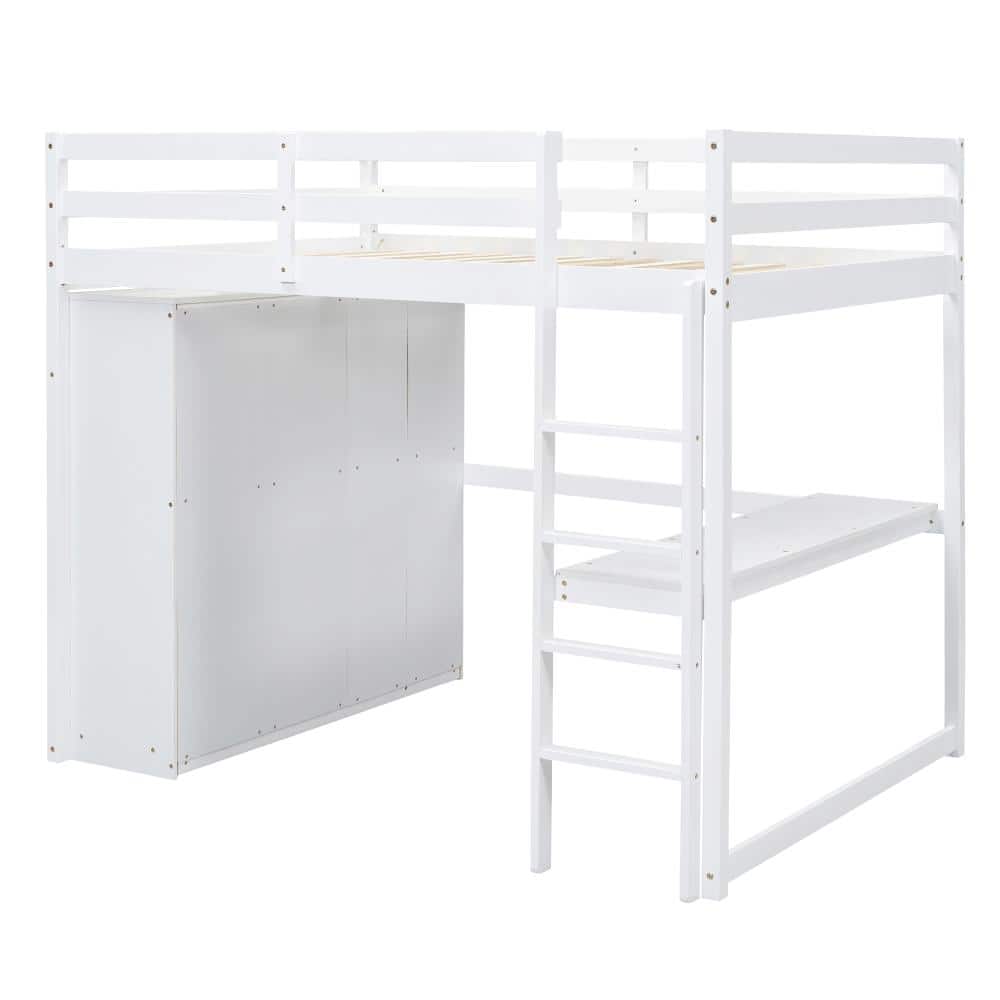 Nestfair White Twin Wood Loft Bed with Built-in Wardrobe,Desk,Storage ...