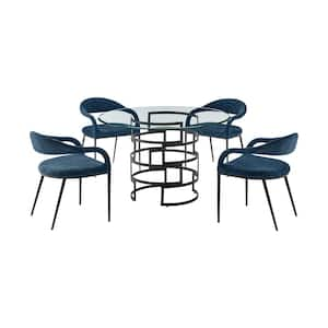 Diaz Morgan 5-Piece Blue Fabric Black and Glass Top Dining Set Seats 4