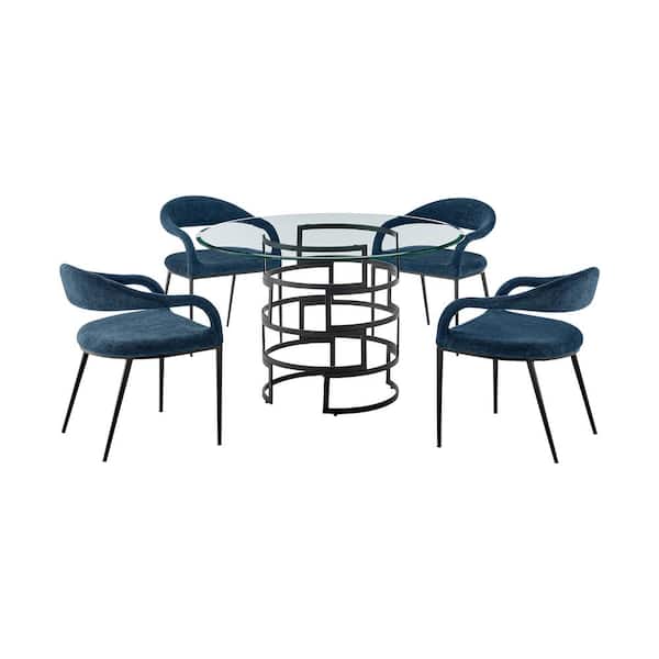 Armen Living Diaz Morgan 5-Piece Blue Fabric Black and Glass Top Dining Set Seats 4