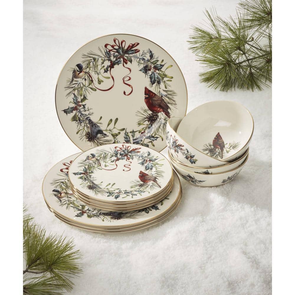 Ivory Porcelain Winter Greetings 12-Piece Dinnerware Set