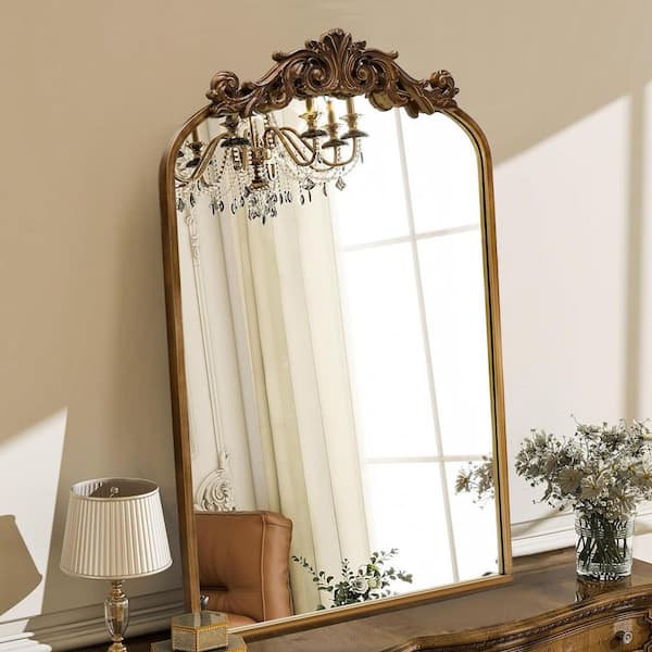 24 in. W x 35.8 in. H Ornate Baroque Antique Brass Vintage Stainless Metal Frame Arched Wall Mirror