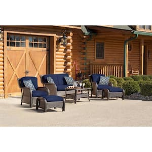 Strathmere 6-Piece All-Weather Wicker Patio Deep Seating Set with Navy Blue Cushions, 4 Pillows, Coffee Table