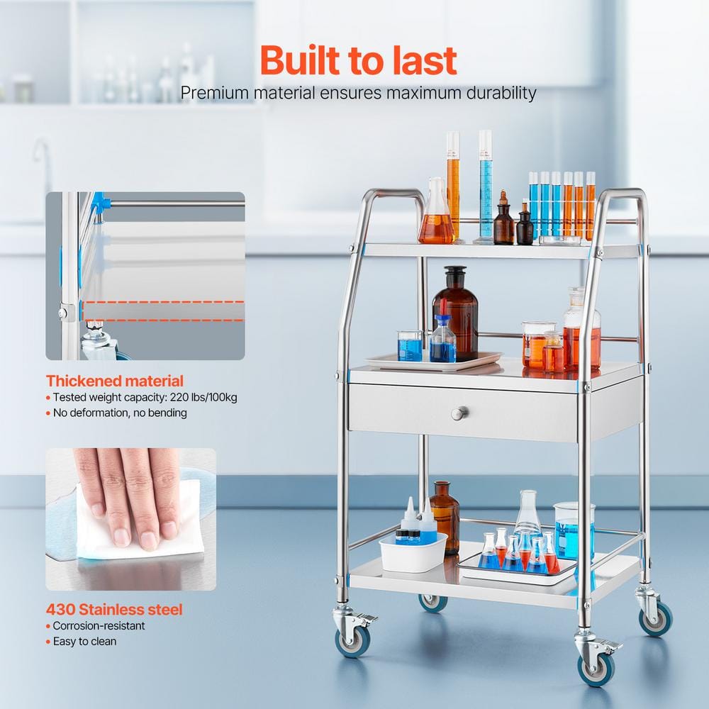 Silver Stainless Steel 3-Tier Mobile Lab Cart with Drawer