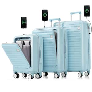 3-Piece Light Blue 20"24"28" ABS Hardshell Spinner Luggage Set with USB Ports Cup Holders, Front Opening Design(20"24")