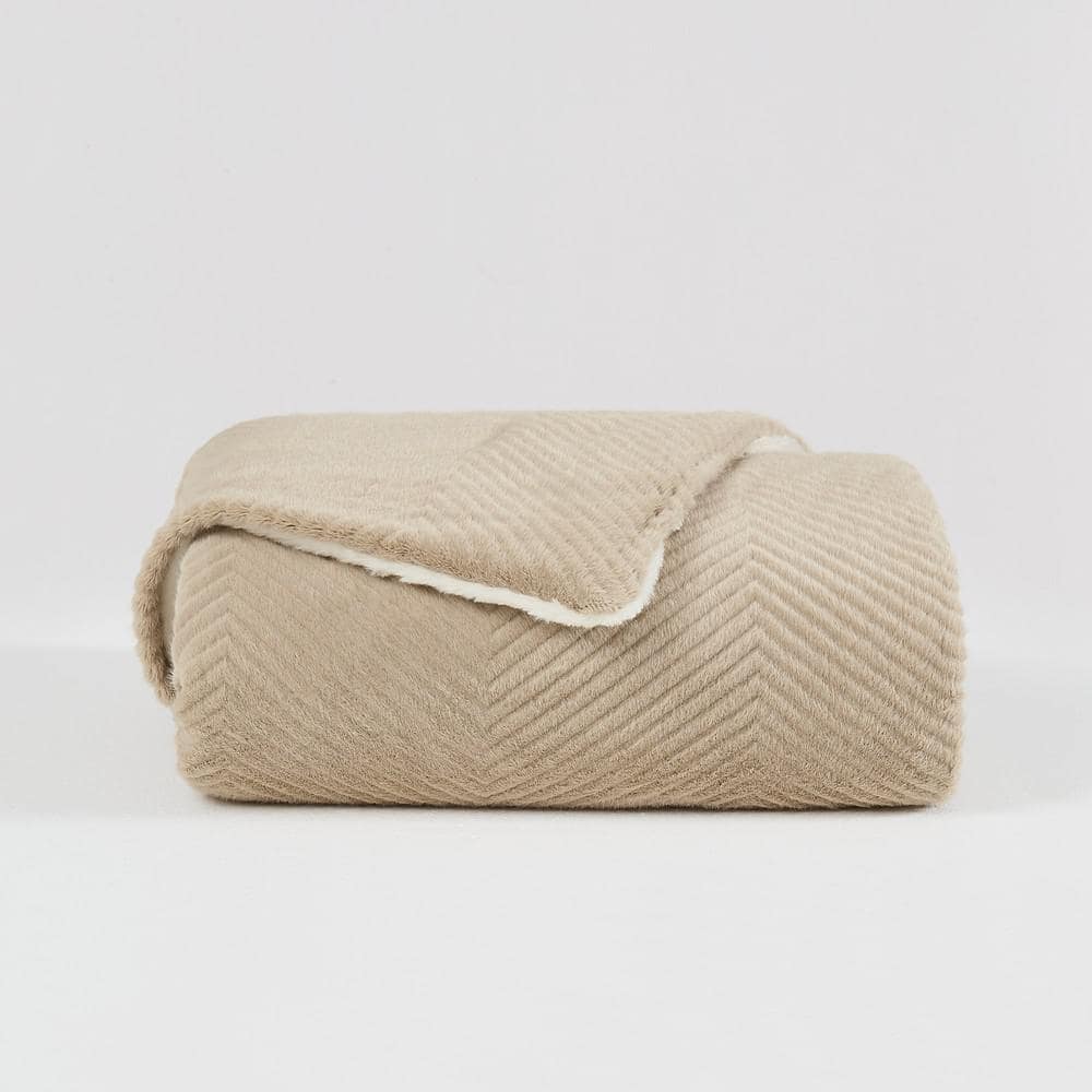 Tan Chevron Reversible Faux Fur Sherpa Throw Blanket 50x70