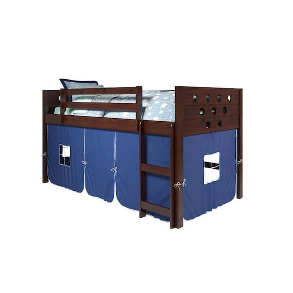 Donco Kids Blue Dark Cappuccino Twin Loft Bed with Tent and Ladder