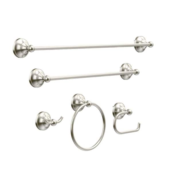 HOMLUX 5-Piece Bath Hardware Set with 24 in. Towel Bar, 18 in. Towel Bar, Toilet Paper Holder, Towel Ring and Towel Hook in BN