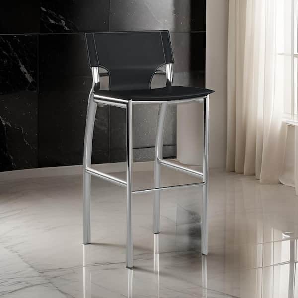 Benjara 26 in. Black and Chrome Low Back Metal Frame Bar Stool with Leather Seat (Set of 2)