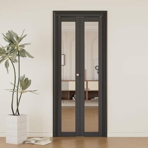 30 in. x 80 in. 1-Lite Mirror Glass and Solid Core Black Finished MDF Interior Closet Bi-Fold Door with Hardware