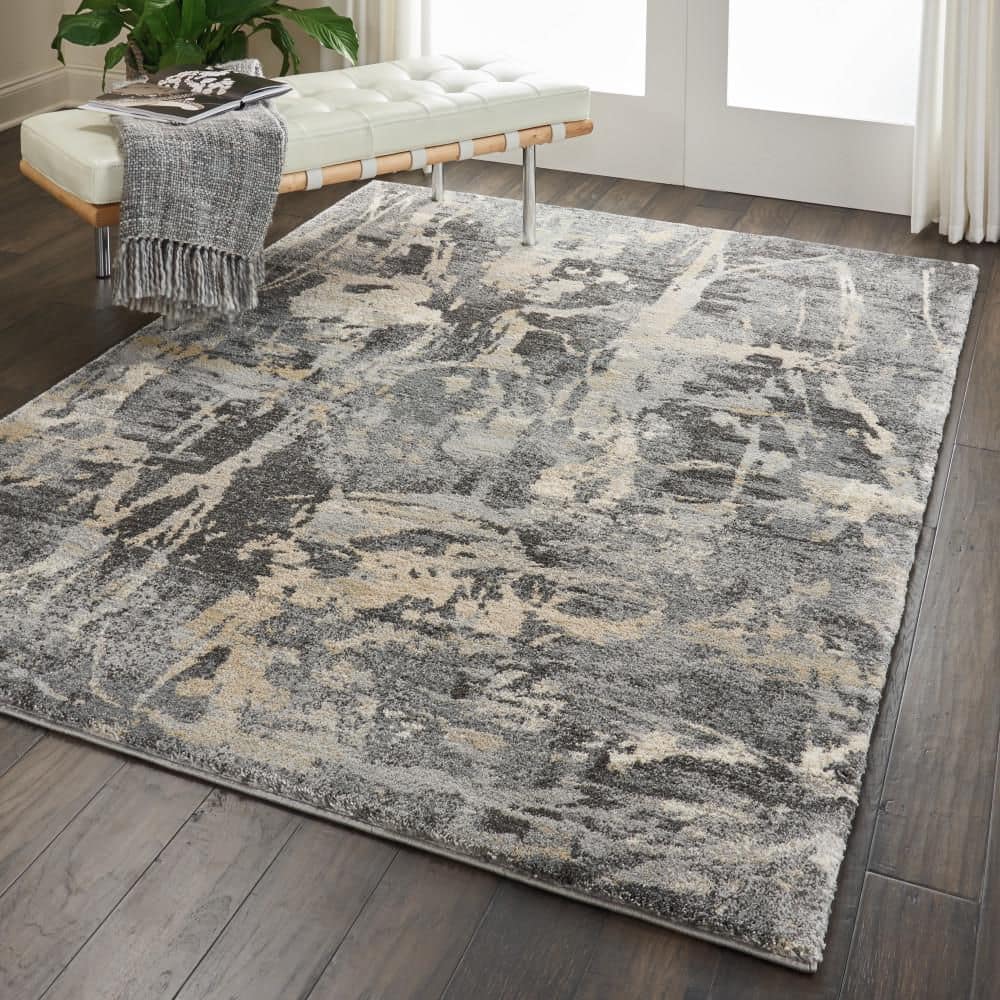 Elysian Abstract Gray Synthetic 5' x 7' Stain-Resistant Rug