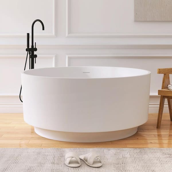 MEDUNJESS 49.2 in. x 49.2 in. Round Stone Resin Solid Surface Flatbottom Freestanding Soaking Bathtub in Matte White