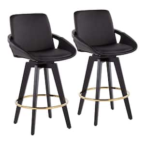 Cosmo 37 in. Black Faux Leather and Black Wood High Back Counter H Bar Stool with Round Gold Footrest (Set of 2)