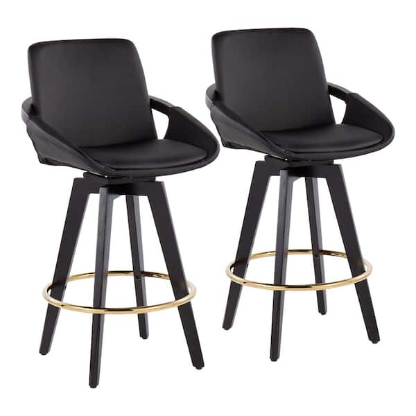 Lumisource Cosmo 37 in. Black Faux Leather and Black Wood High Back Counter H Bar Stool with Round Gold Footrest (Set of 2)