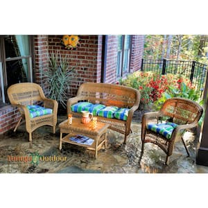 Portside Amber 4-Piece Wicker Patio Seating Set with Haliwell Caribbean Cushions
