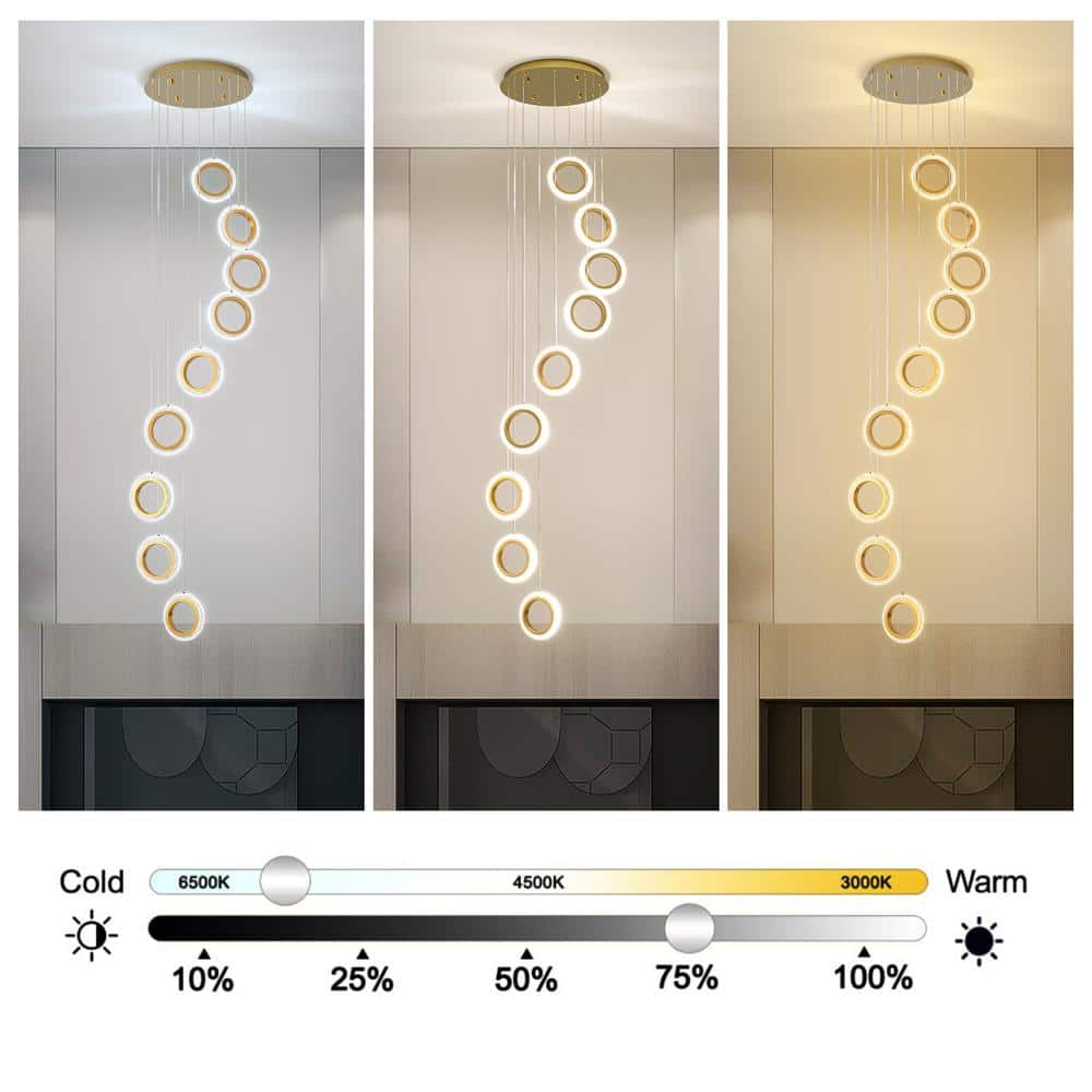 Gold Acrylic and Aluminum 9-Ring Adjustable Height Chandelier