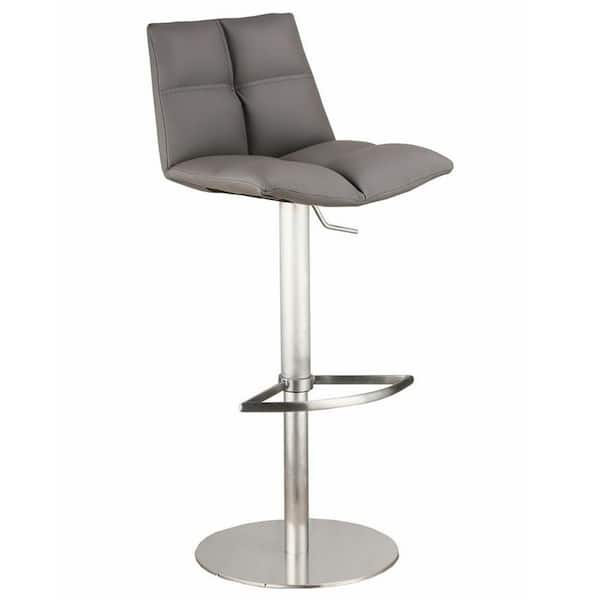 Armen Living Margot Adjustable Brushed Stainless Steel Bar Stool in Gray Faux Leather