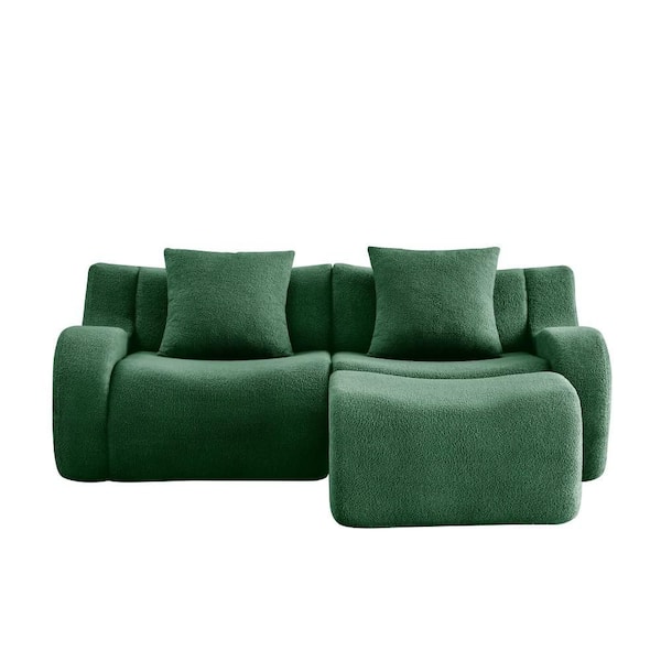 82.7 in. Wide Slope Arm Teddy Fabric L-Shaped 2-Seat Boneless Reclining Sofa with Ottoman in Green
