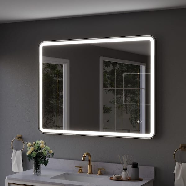 ANGELES HOME 48 in. x 36 in. Rectangular Aluminum Framed Wall Mount LED Bathroom Vanity Mirror in Matte Black, Dimmable Front Light