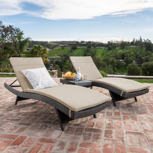 Salem Gray 3-Piece Faux Rattan Outdoor Chaise Lounge and Side Table Set with Beige Cushions