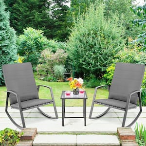 3-Piece Wicker Patio Conversation Set Rattan Rocking Chair Table Furniture Set Yard with Gray Cushion