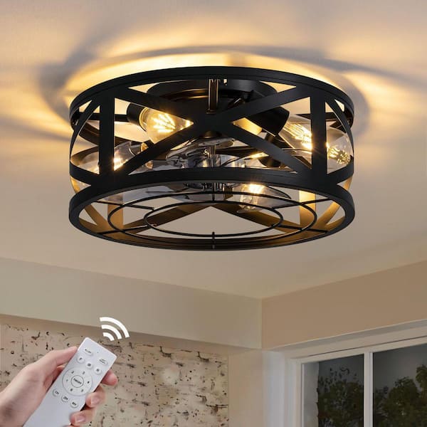 16 in. Indoor Industrial Black Round Caged Low Profile Ceiling Fans with No Bulb Included with Remote Included