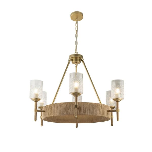 Aleena 6-Light Gold Farmhouse Rattan Wagon Wheel Chandelier with Glass Shade for Living Room with No Bulb Included