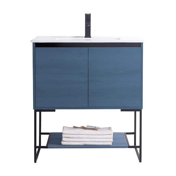 FINE FIXTURES Urbania 30 in. W x 18.5 in. D x 33.5. in. H Navy Blue Bath Vanity with White Ceramic Vanity Top and White Basin