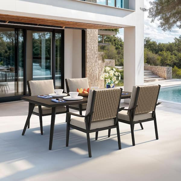 5 Piece Wicker Outdoor Dining Set with 1.57 in. Umbrella Hole and Metal Rectangular Table and 4 Chairs w/ Cushion, Khaki