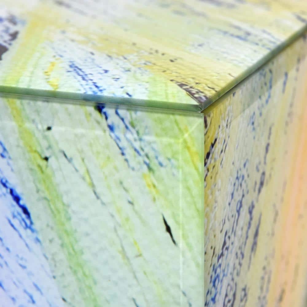 Abstract Multicolor Glass and Wood Cocktail Table