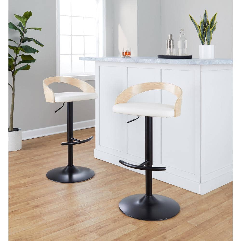 White Adjustable Swivel Barstools with Wood Backrest, Set of 2