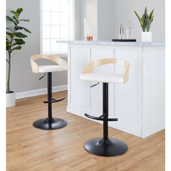 Lumisource Grotto 32.25 in. White Faux Leather, Natural Wood and Black Metal Adjustable Bar Stool (Set of 2)