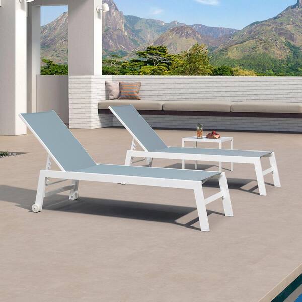 PURPLE LEAF Aluminum White Frame Metal Outdoor Chaise Lounge Patio Lounge Chair with Side Table and Wheels, Steel Blue