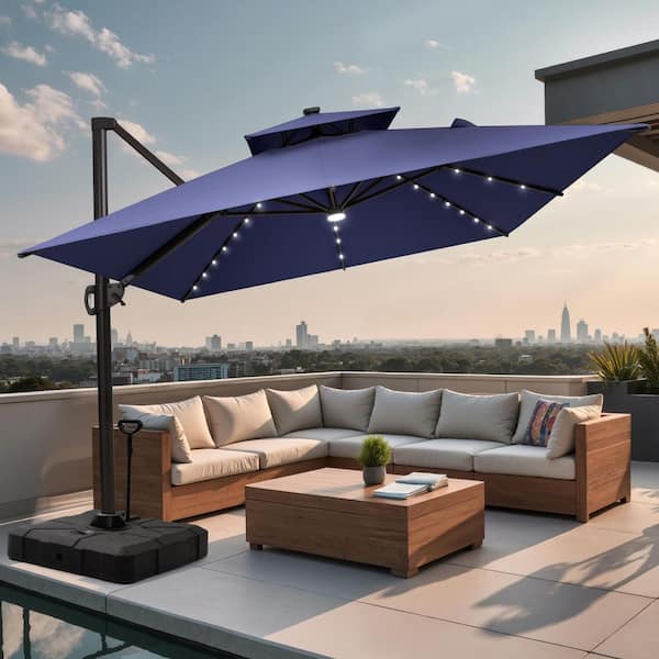 Double Top 11.5 ft. x 9 ft. Aluminum Solar LED Tiltable Cantilever Patio Umbrella in Navy Blue With 300 lbs. Base
