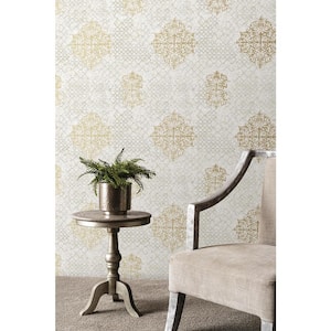 Lustre Collection Bronze/Gray Embossed Damask Metallic Finish Paper on Non-Woven Non-Pasted Wallpaper Roll Sample