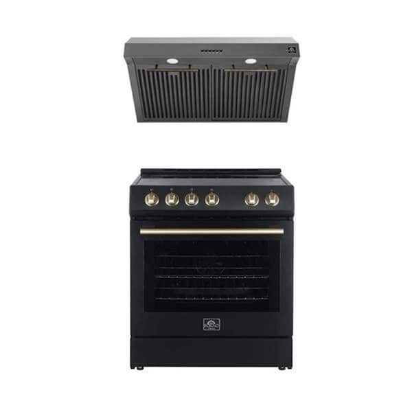 Premium 2-Piece Kitchen Bundle - Leonardo Espresso 30 in. Black Range, 30 in. Black Range Hood