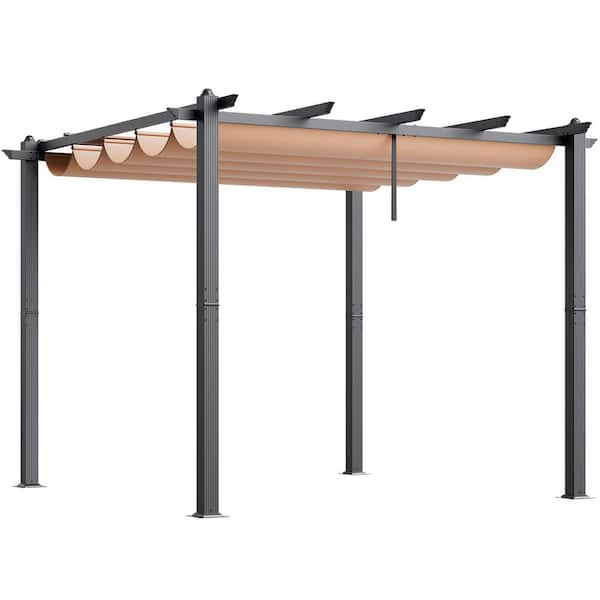 10 ft. x 10 ft. Outdoor Retractable Pergola, Aluminum Pergola with Retractable Canopy for Patios, Backyards, Beige Tent