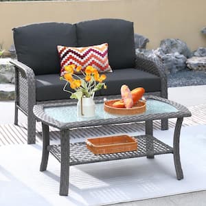 Hyacinth Gray 2-Piece Wicker Patio Outdoor Conversation Loveseat Set with a Coffee Table and Black Cushions